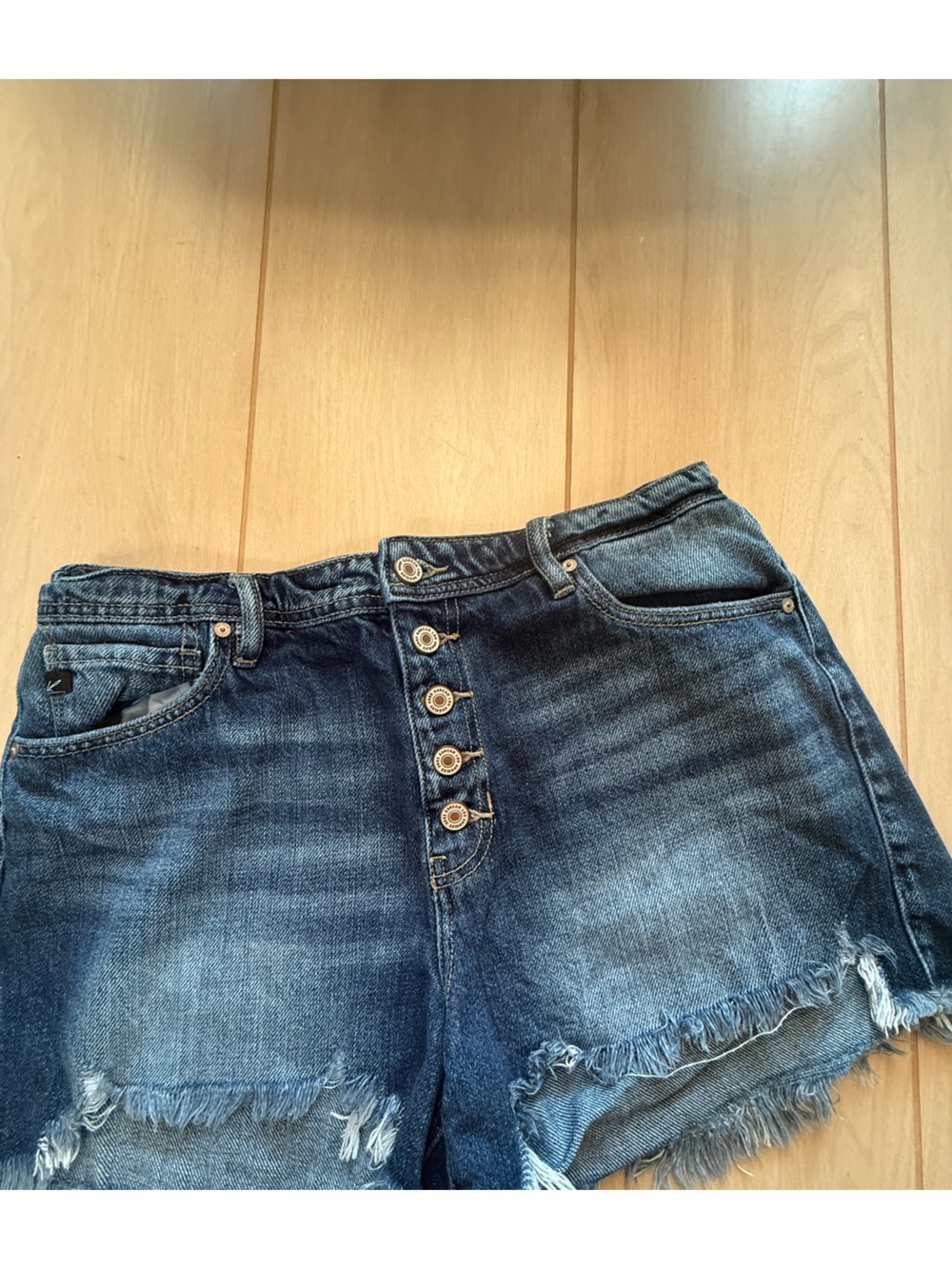 Kancan High-Waist Distressed Denim Shorts - Dark Blue Button Fly 11/29 Raw Hem